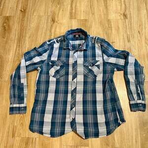 ROCK & REPUBLIC Stretch Teal Gray Plaid Button Down Shirt Roll Tab Sleeve